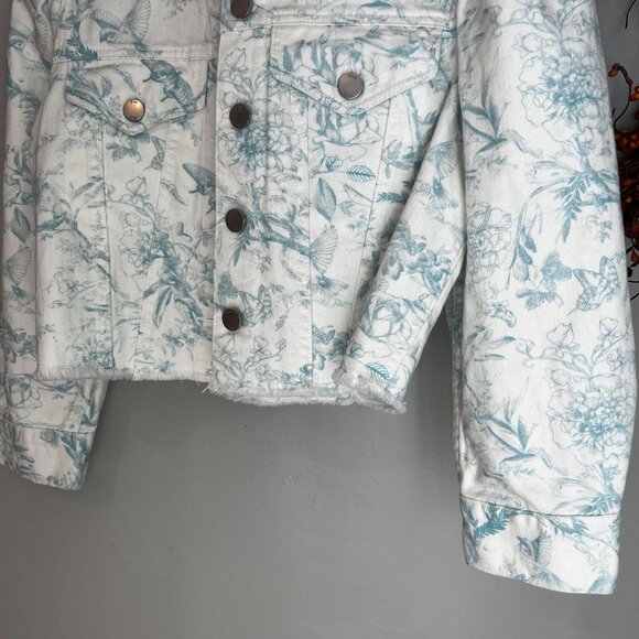 Elie Tahari Womens Denim Cropped Floral Printed Jean Jacket SMALL White - Picture 4 of 10